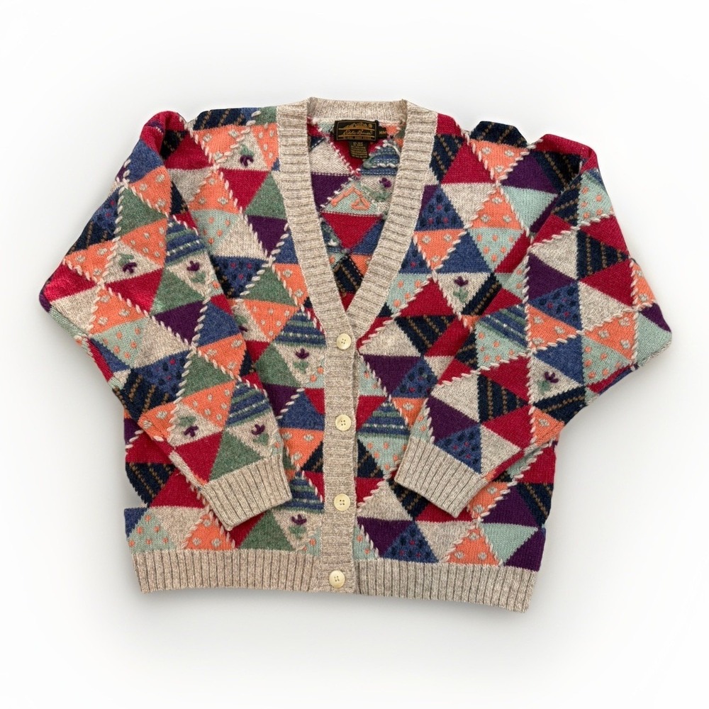 Vintage Eddie Bauer Cardigan Womens Medium Cottagecore Wool Patchwork Sweater
